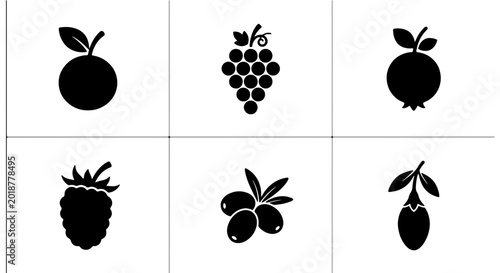 Bilde på lerret Set of 6 Black and White Fruit Icons: Apple, Grapes, Guava, Raspberry, Olives, G