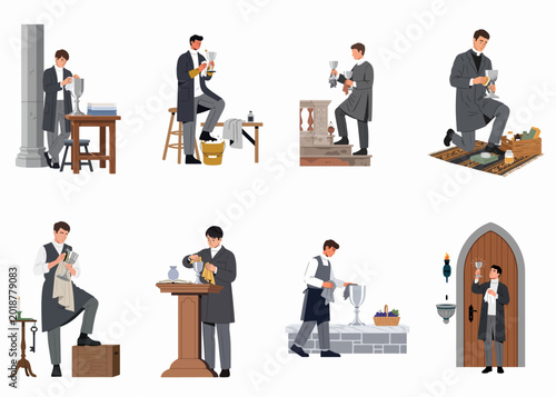 Obraz na płótnie Set of illustrations depicting a priest or church worker carefully cleaning and polishing holy chalices in various religious settings