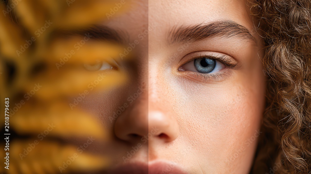 Fototapeta premium Youthful woman's face with a vivid blue eye, half visible through artistic golden blur, highlighting skin detail.