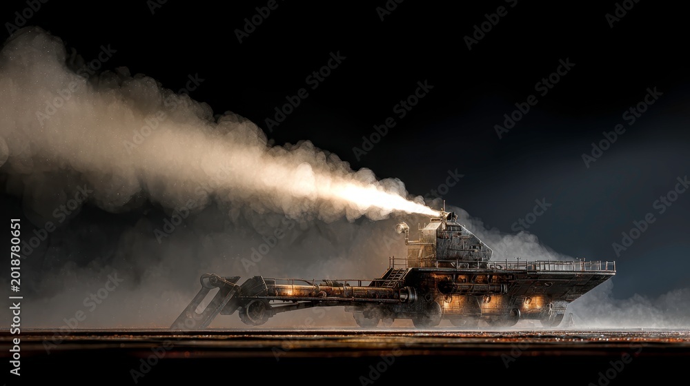 Fototapeta premium Vintage Steam-Powered Vehicle on a Foggy Night with Dramatic Lighting