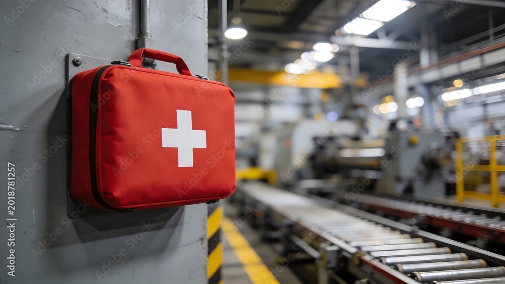 Fototapeta premium A bright red first aid kit hangs securely on a wall providing essential safety equipment for a busy industrial workspace