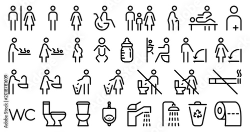 Toilet line icon set with man, woman, baby, parents with baby, shower, toilet, wc, do not litter and hygiene symbols. Male, female and disabled pictograms with no smoking sign. Editable vector icons.