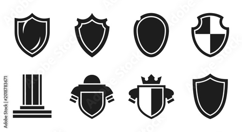 Set of 8 Black Shield Icons, Heraldic Emblems, Security Badges, and Protective Crests for Graphic Design and Branding