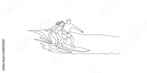 Photography Continuous line drawing of a man and woman surfing together on a wave