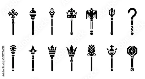 Schilderij op canvas Royal Scepters and Regalia Icons, Set of 15 Vector Symbols for Authority, Power,