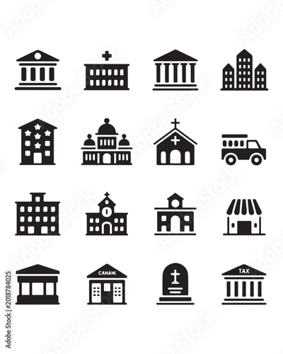 Set of black building and architecture icons