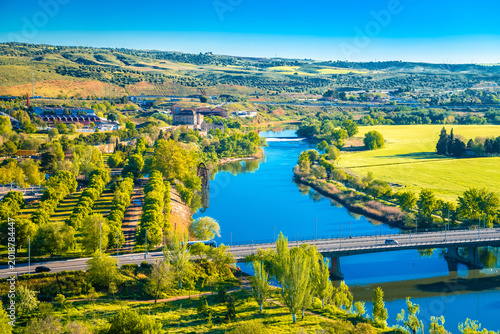 Toledo, Spain. View of Tagus river and green landscape of Toledo outscirts