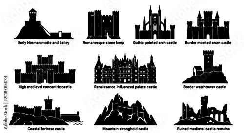 Foto Medieval Castle Silhouettes Collection, Gothic Architecture, Fortress Icons, Roy
