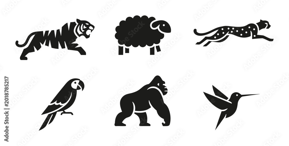 Fototapeta premium Diverse Animal Silhouettes Collection: Tiger, Gorilla, Parrot, Cheetah, Hummingbird, Sheep Icons for Wildlife and Nature Graphics