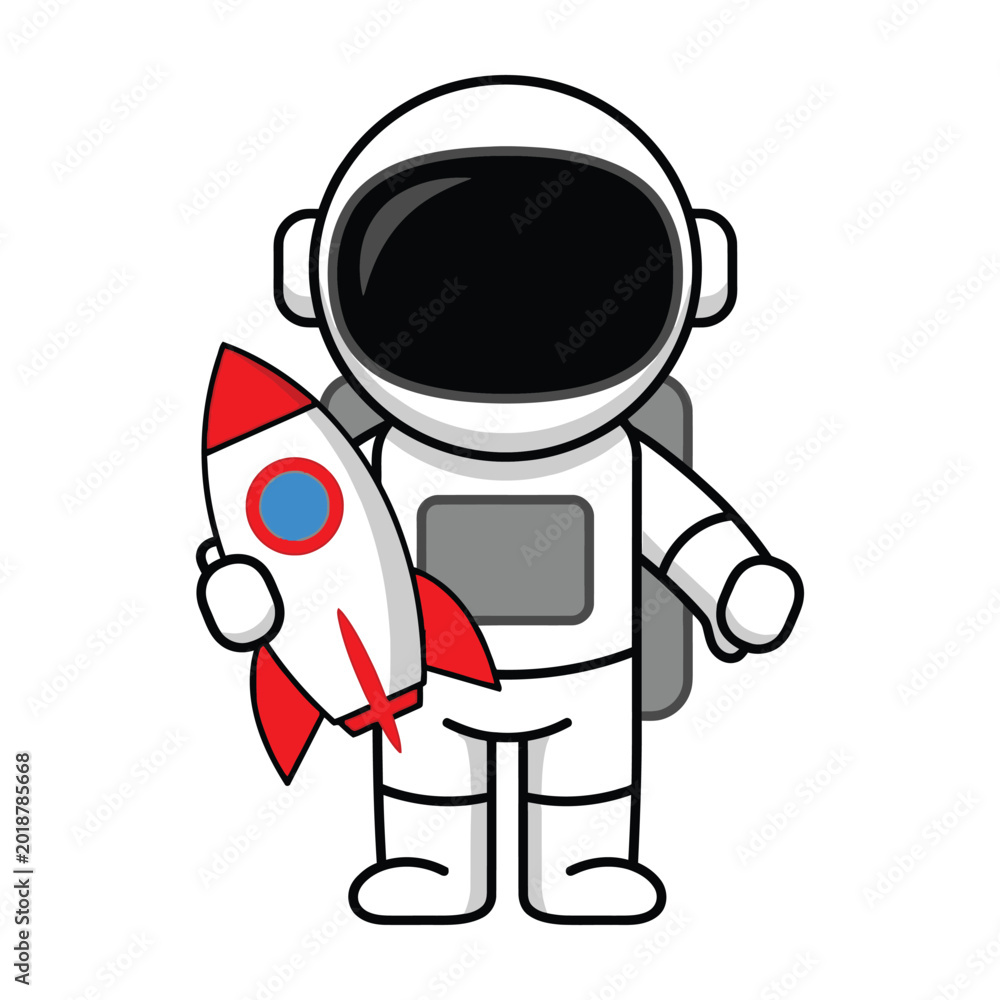 Obraz premium Cute Astronaut Holding a Small Space Rocket Toy Standing Isolated on a Plain White Background