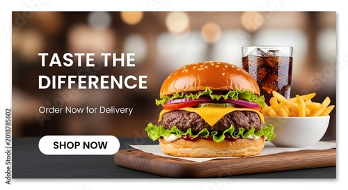 Juicy burger with fries and cola on wooden serving tray in restaurant setting