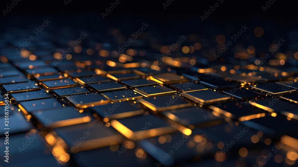 Fototapeta premium Abstract Tech Background with Radiant Gold Squares and Bokeh Lights Representing Data Flow
