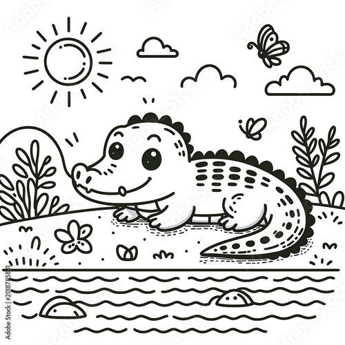 cute crocodile coloring sheet black and white