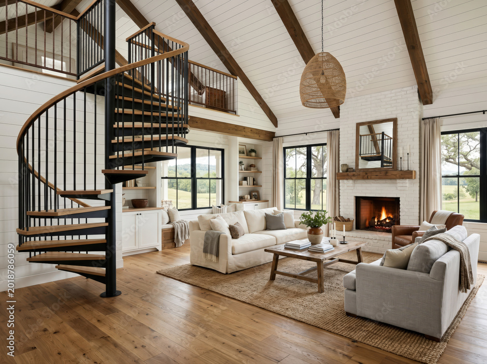 Obraz premium A luxury modern farmhouse living room with a wrought iron and wood spiral staircase, cozy furniture in front of a white brick fireplace, and white shiplap walls and wood beams on the ceiling.