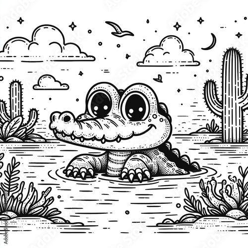 cute crocodile coloring sheet black and white