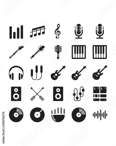 Set of black music and audio equipment icons
