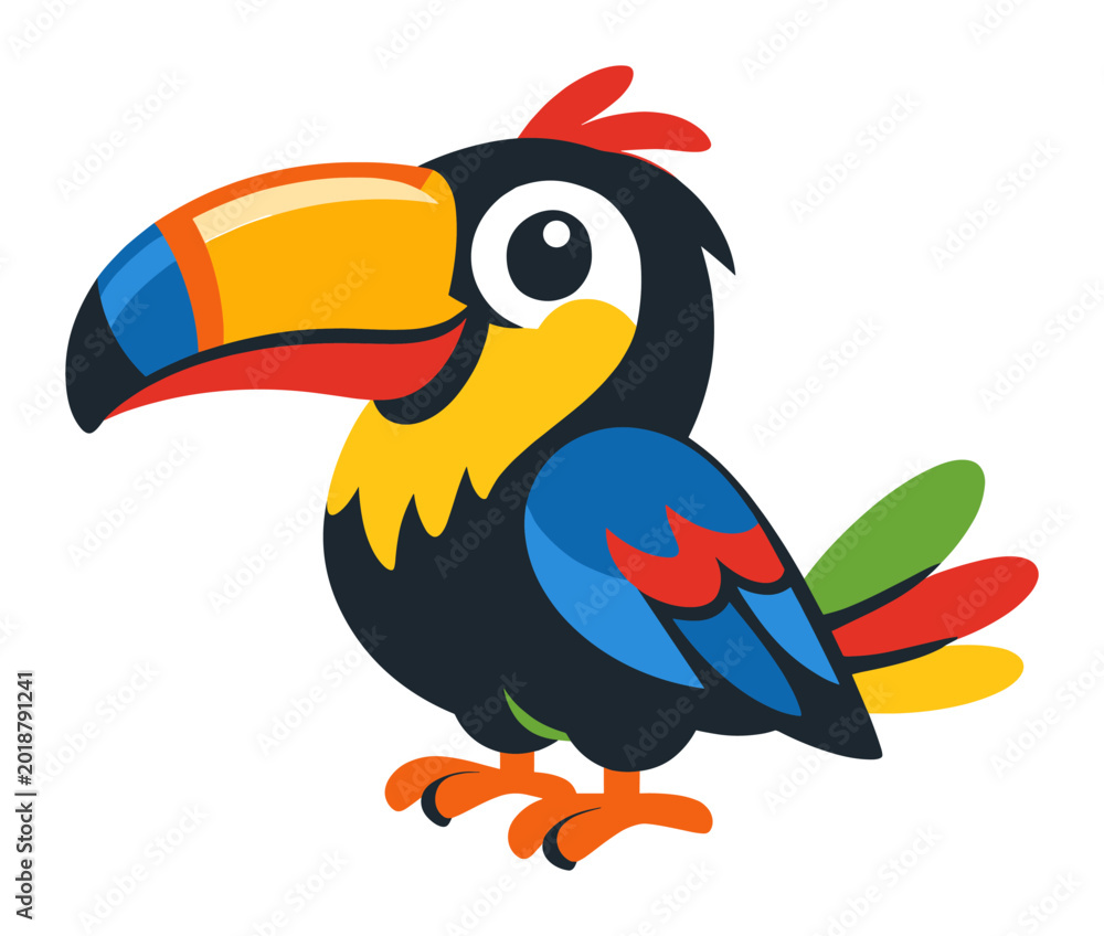 Fototapeta premium Colorful toucan cartoon character smiling, standing on a white background. Exotic tropical bird with a large beak