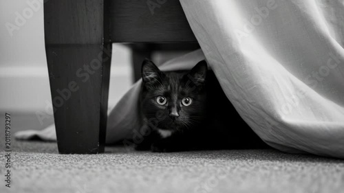 Black cat hiding under a curtain in monochrome setting  