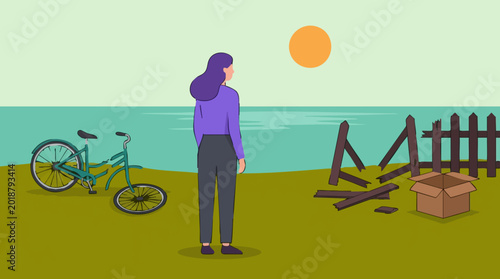 Obraz na plátně Woman standing by broken bicycle and fence, looking at the sea