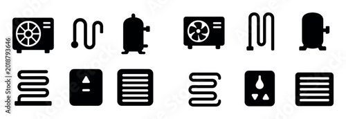 Heating and cooling icons with fan compressor coil flat
