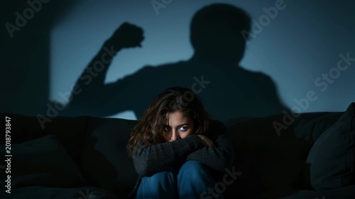 A woman sits on a sofa, overcome with fear, as the shadow of a raised fist appears on the wall above her.