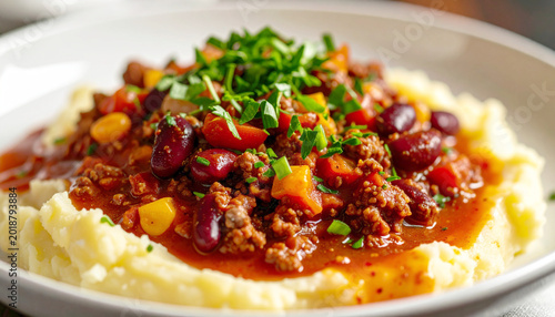 Beef and bean chili with tomato broth, on mashed potatoes, macro shot. AI