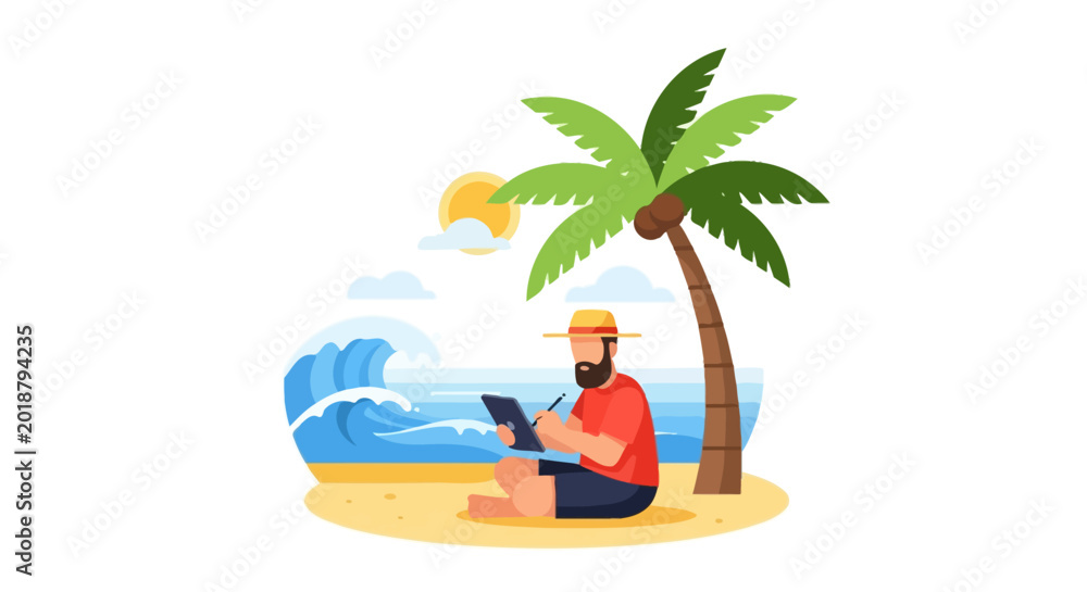 Fototapeta premium Digital Nomad Working on Tablet under Palm Tree on Tropical Beach - Remote Work and Freelancing Concept Illustration