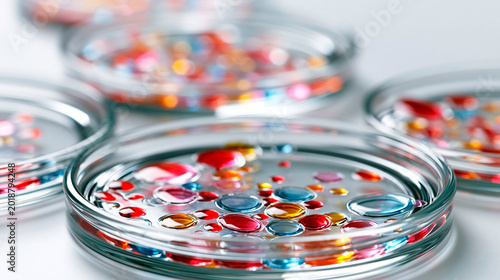 Colorful orthohantavirus samples in laboratory petri dishes for microbiology research and infectious disease analysis