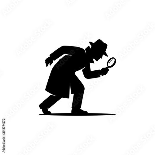 black silhouette logo of a detective character with a hat.