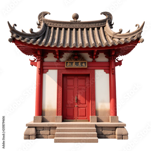 A traditional building with a distinctive red door and white walls, suitable for use in travel or architecture scenes