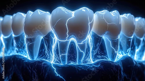 Rendered digital image of glowing teeth with electric crackling effects