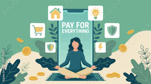 Financial mindfulness: woman meditating amidst digital payment and expense icons