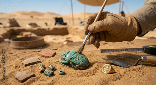 Archeologist cleaning ancient Egyptian scarab beetle artifact in desert sand.