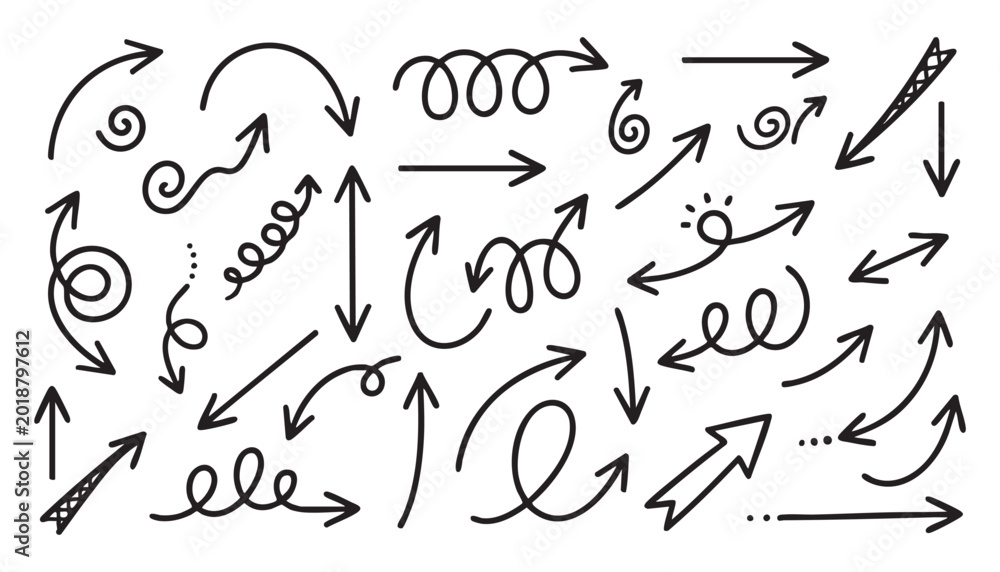 Obraz premium A Set of Hand Drawn Black Arrows with Accents, Minimalist Doodle Pointer Icons for Infographics.