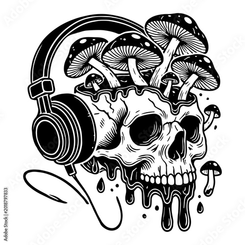 Foto Surreal Melting Skull Wearing Headphones with Mushrooms Psychedelic Trippy Art V
