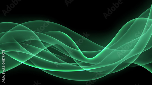 Abstract Glowing Green Emerald Wave on Black Background, Vector Illustration