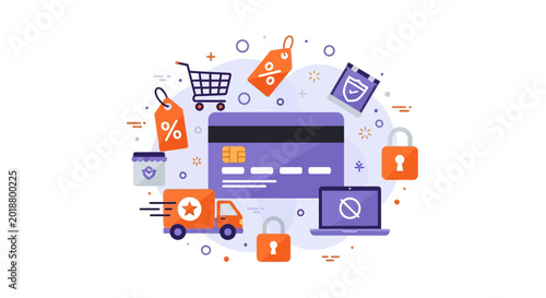 E-commerce and Secure Online Payment Concept Vector Illustration with Credit Card, Shopping Cart, Discount Tags, and Fast Delivery Icons