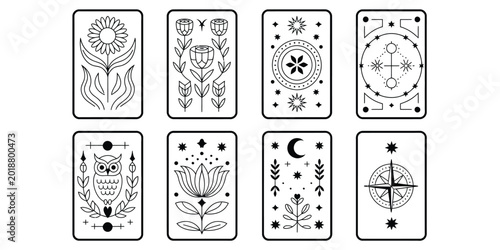 Foto Set of eight tarot cards with mystic symbols and floral illustrations in a simpl