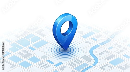 Blue Location Pin on Isometric Map Background.