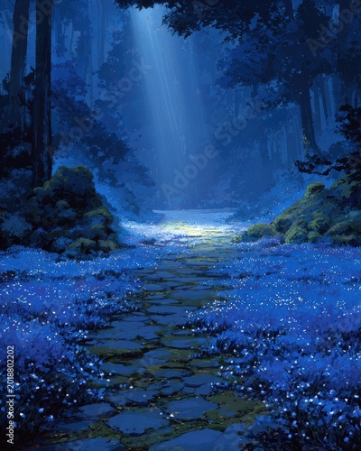 Dreamy blue forest with sunlit path