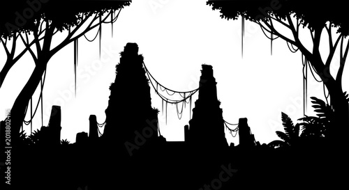 Silhouette of Ancient Temple Ruins in Deep Jungle Forest