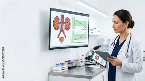Doctor Analyzing Kidney Function Blood Test Results in Clinical Laboratory