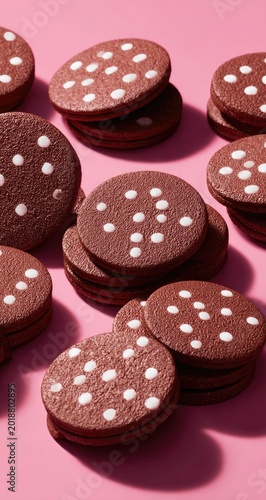 Stacked polka-dot cookies, brown and white, on pink
