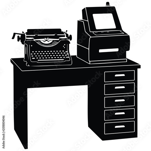 Tableau sur toile Office desk workstation silhouette vector illustration line art with typewriter machine