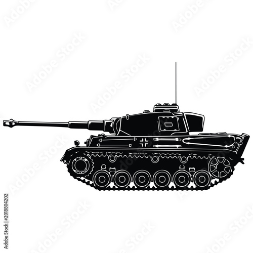 Tableau sur toile Tiger tank military vehicle silhouette vector illustration line art isolated on background