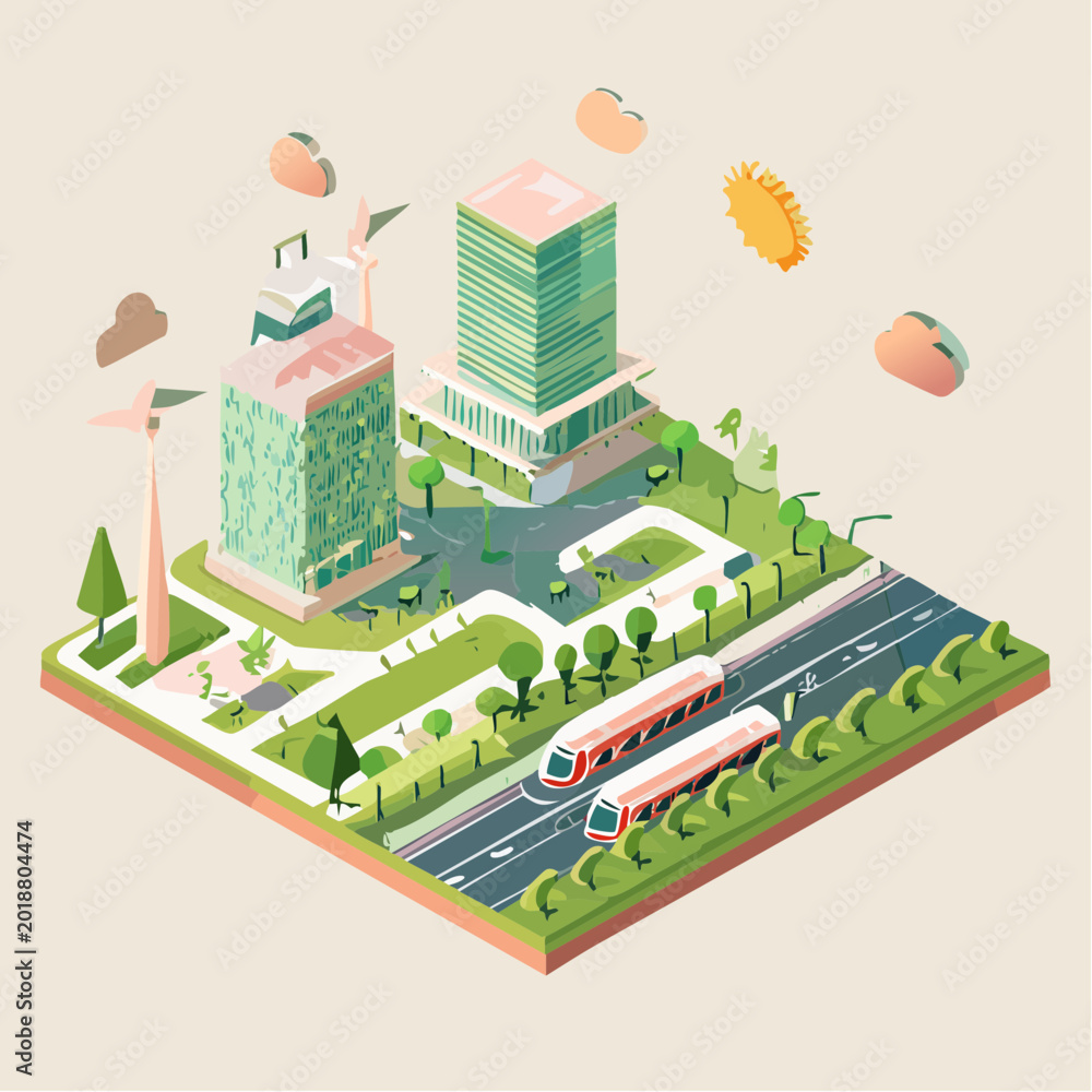 Naklejka premium City Buildings with Bus and Road.