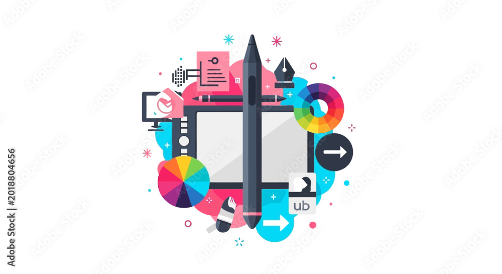 Obraz premium Graphic Design Creative Tools Vector Illustration with Digital Tablet Stylus and Color Wheels for Digital Artists