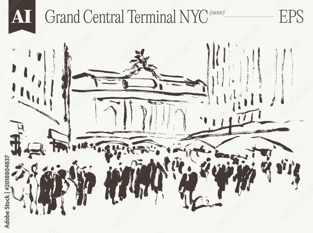 Obraz premium Grand Central Terminal NYC Panoramic Crowd Ink Sketch Bustling