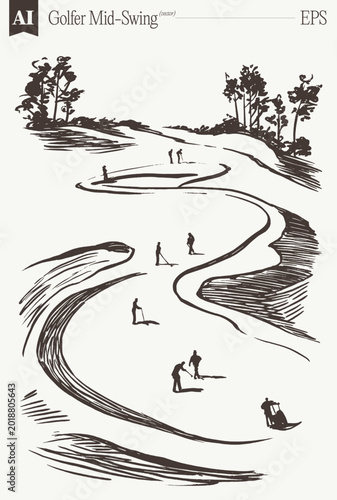 Golf course with players in dynamic hand drawn sketch style