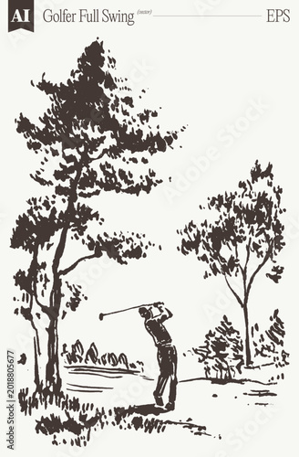 Golfer Mid-Swing Vintage Sketch Line Art Outdoor Pine Trees